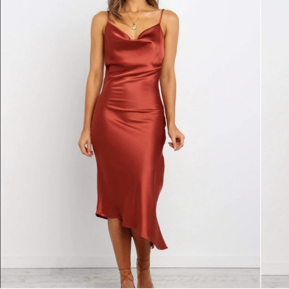 Petal & Pup Rust Cypress Draped Cowl Silky Satin Side Slit Midi Slip Dress Sz 4 - Picture 3 of 10
